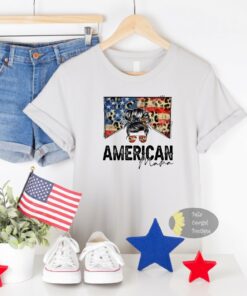 American Mama Messy Bun American Flag Leopard Patriotic T-Shirt American Mama Messy Bun American Flag Leopard Patriotic T-Shirt