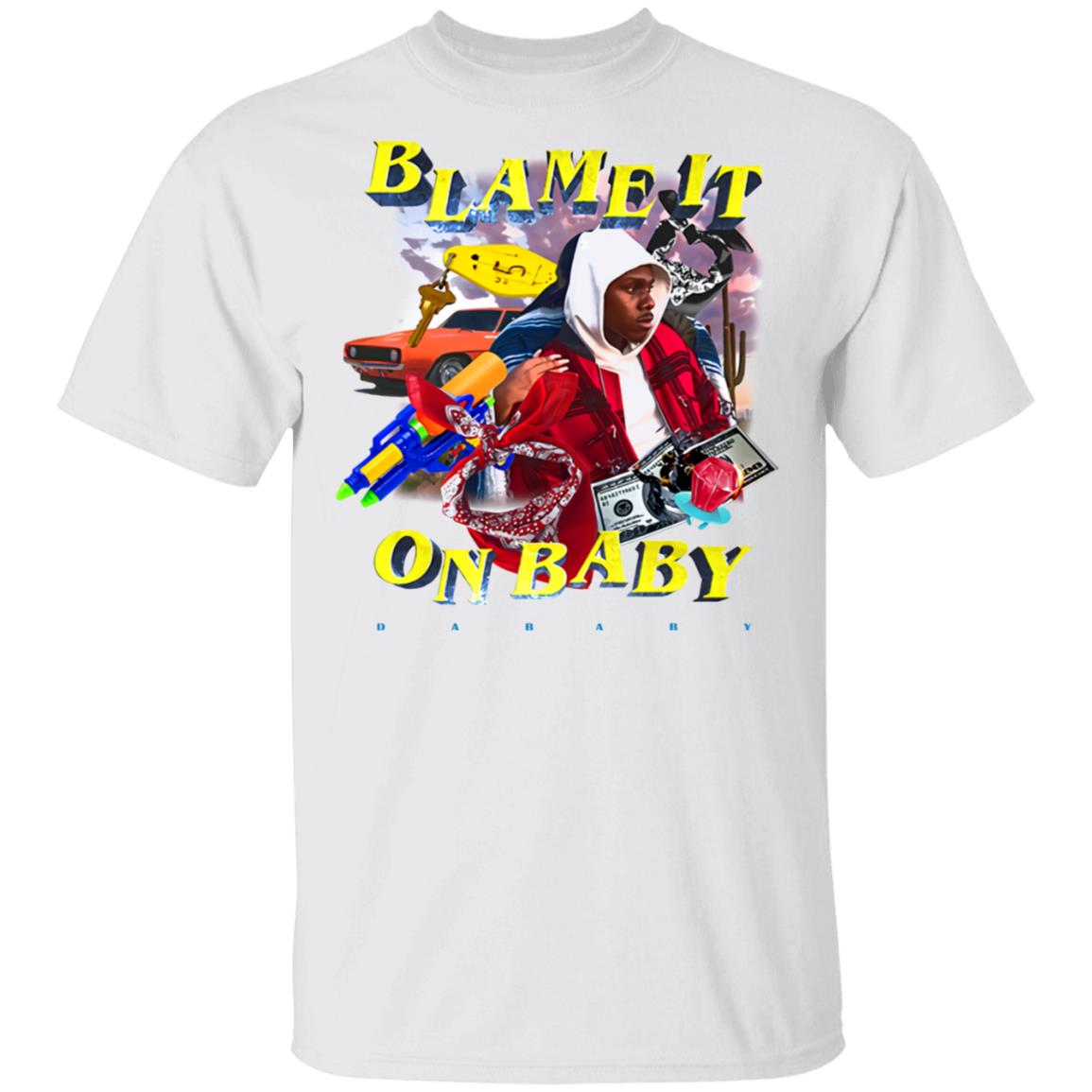 Dababy Merch Blame It On Baby White Graphic T-Shirt Dababy Merch Blame It On Baby White Graphic T-Shirt