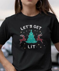 Let’s Get Lit Christmas T Shirt Red Buffalo Plaid Reindeer